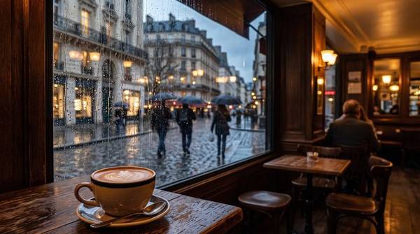 傘をさした人々が行き交う雨のパリの通りと、カフェのラテ