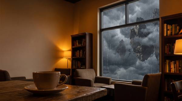 嵐の雲が広がる窓の外と、本棚のあるカフェ