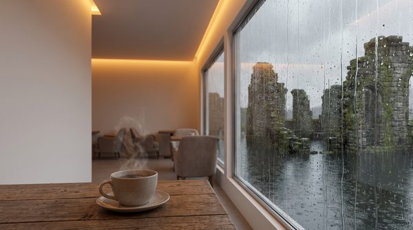 雨に濡れた未来の街の遺跡を望む、窓辺のカフェ