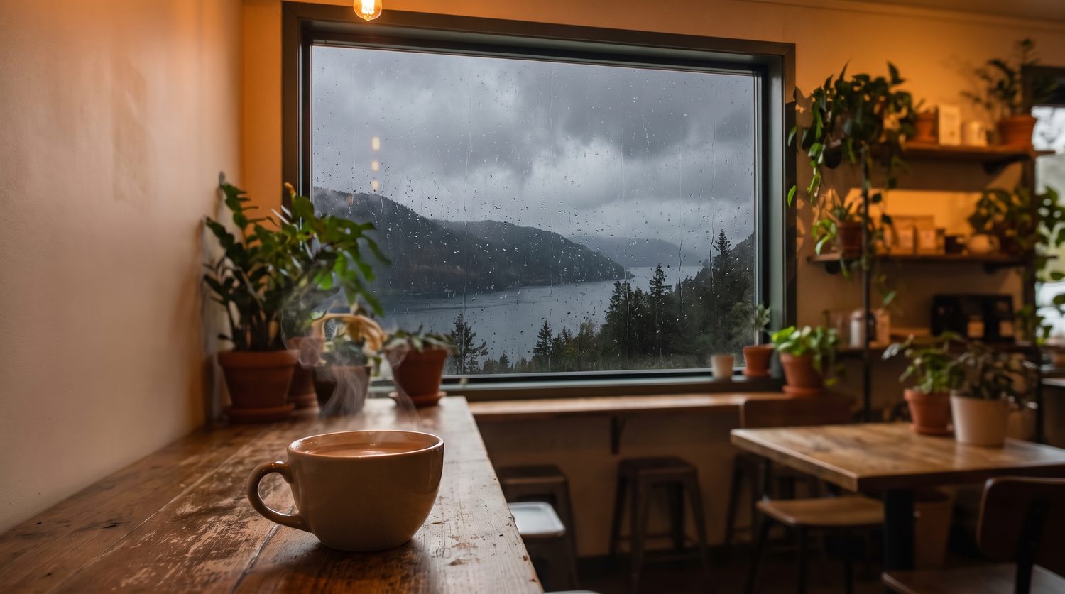 湖と山を望む窓辺の、観葉植物に囲まれたカフェと一杯のコーヒー