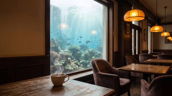 窓の向こうに、光が差す海の中のサンゴ礁が見えるカフェ
