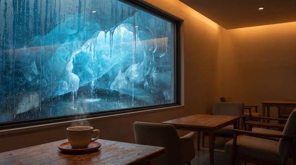 窓の外に青い氷の洞窟が広がる、静かなカフェ