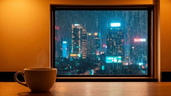 窓の外に雨のネオン街が光る、夜のカフェのコーヒー