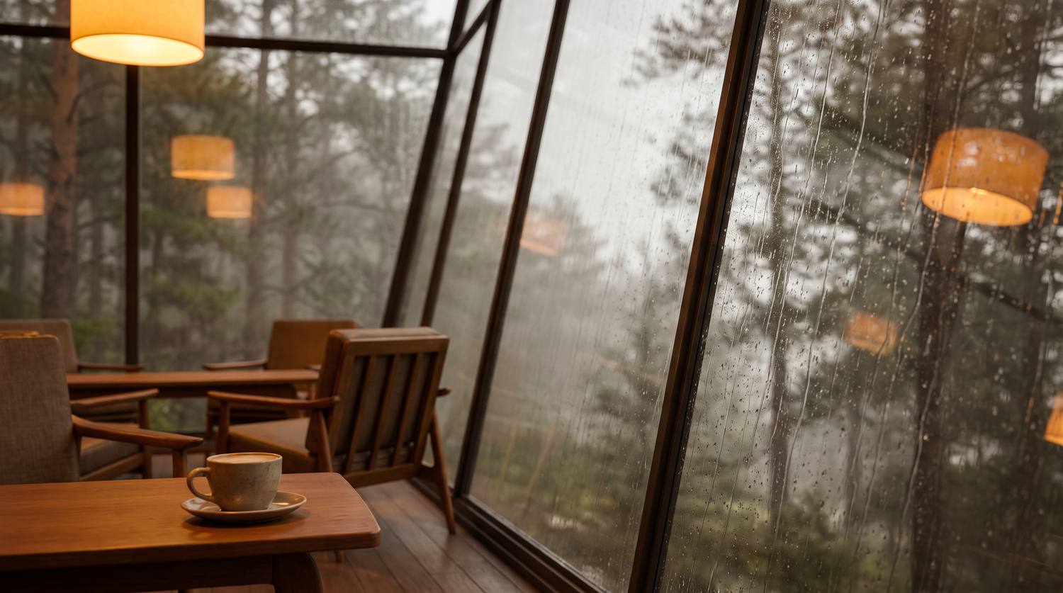 傾いた大きな窓の外に、雨の松林が広がる、ランプのあるカフェ