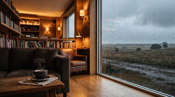 壁一面の本棚と革のソファのあるカフェから、雨の荒れ地を望む窓辺