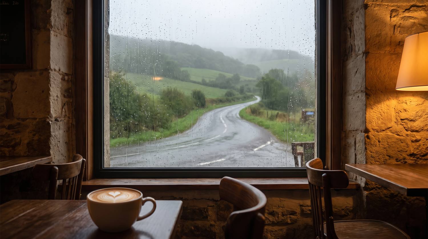 緑の丘を抜ける雨の道を望む、石壁のカフェの窓