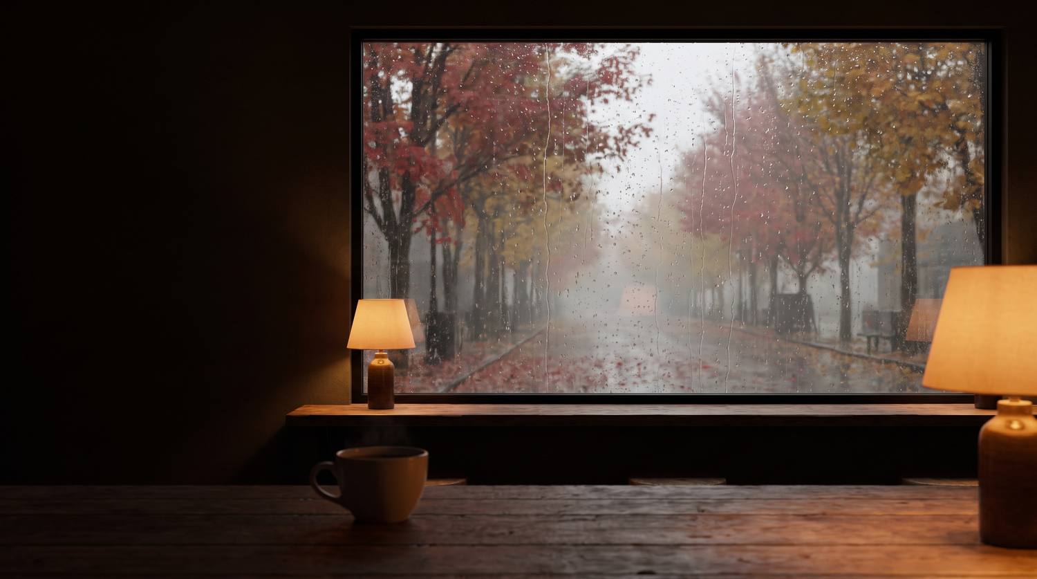 雨に煙る紅葉の並木道を望む、ランプのあるカフェ