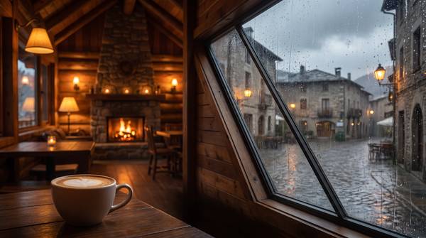 暖炉のある石造りの部屋から、雨の石畳の街を見る窓辺