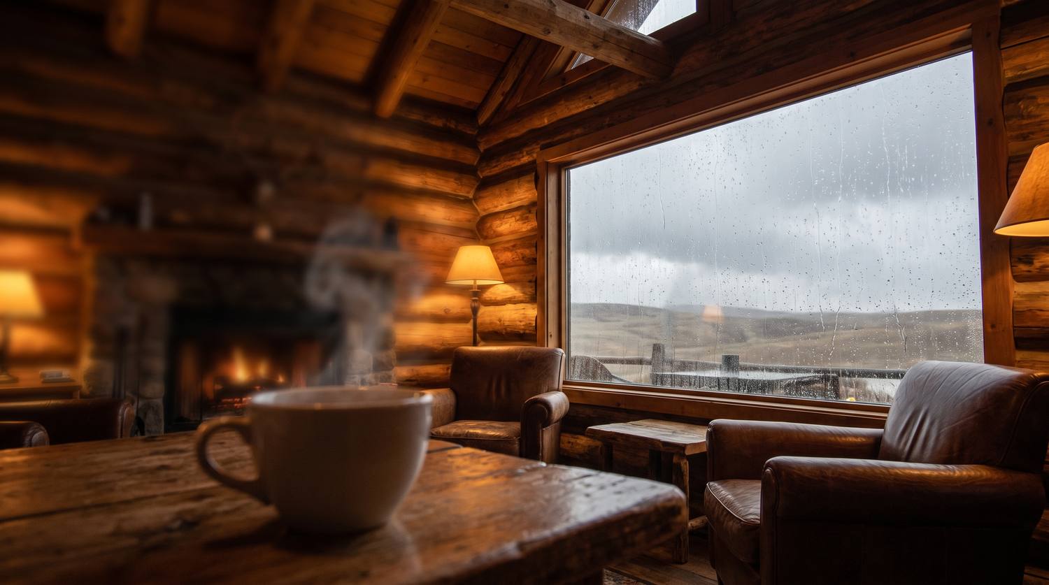 丸太造りの山小屋の暖炉の前の、一杯のコーヒー