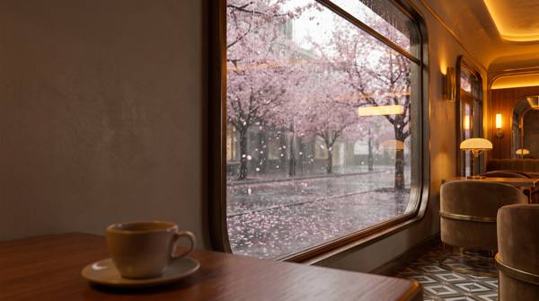 桜並木の雨の通りを望む大きな窓と、テーブルの上のコーヒーカップ